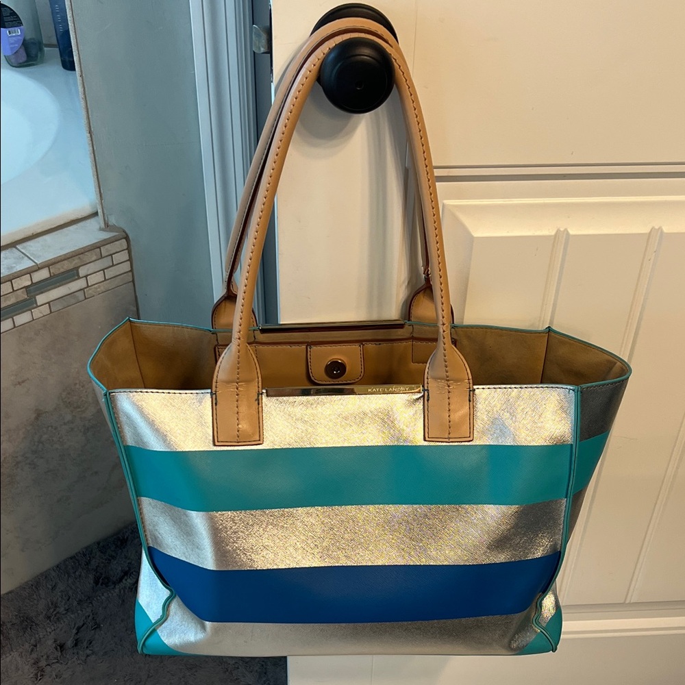 Katie Landry Striped Silver and Blue Tote Bag